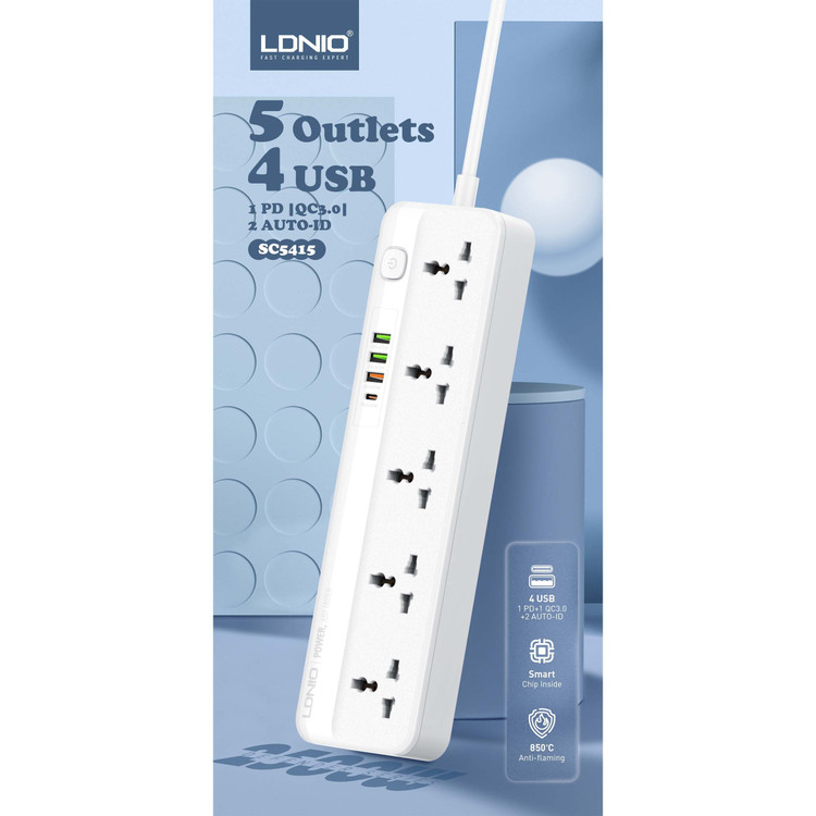 چندراهی برق الدینیو مدل SC5415 با کابل ۲ متری و ۴ پورت USB