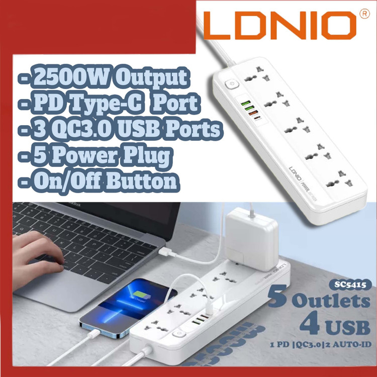 چندراهی برق الدینیو مدل SC5415 با کابل ۲ متری و ۴ پورت USB