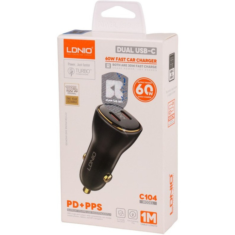 شارژر فندکی الدینیو C104 با کابل دو سر تایپ سی توان 60 وات